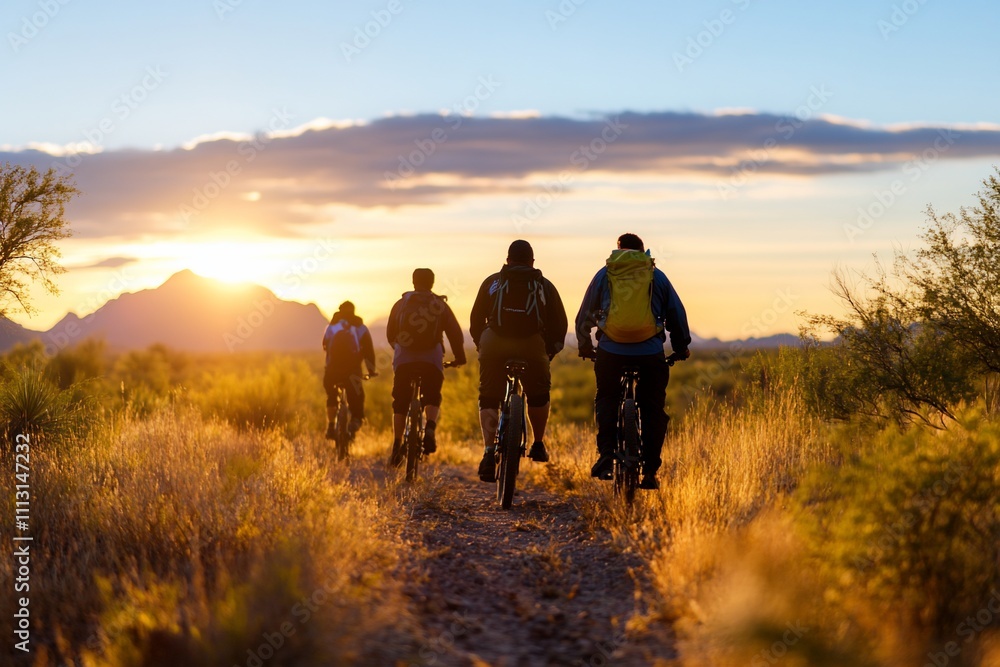 Cyclists riding at sunset through a scenic landscape. Cyclists riding at sunset through a scenic landscape.