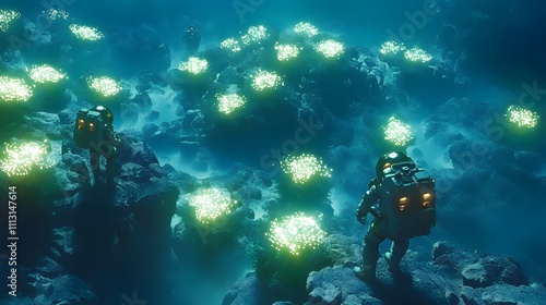 Wallpaper Mural Aerial view of astronauts navigating a luminous alien jungle, with symmetrical clusters of glowing flora. Torontodigital.ca