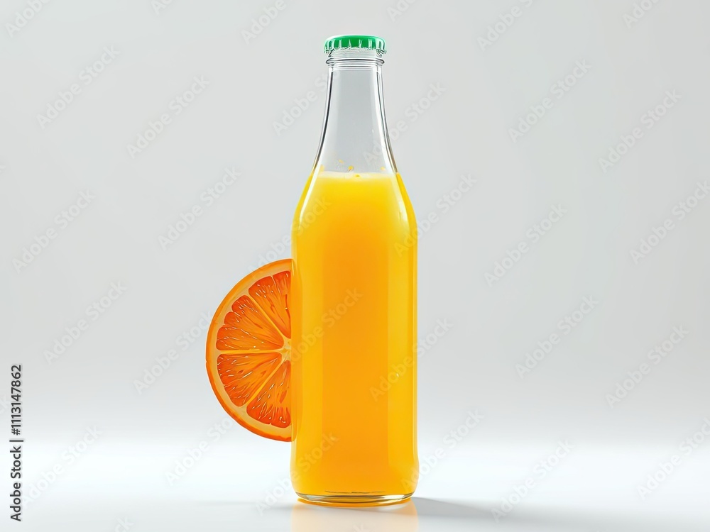 A bottle of freshly squeezed orange juice with a slice on the side, healthy drink, breakfast, orange juice, oranges A bottle of freshly squeezed orange juice with a slice on the side, healthy drink, breakfast, orange juice, oranges