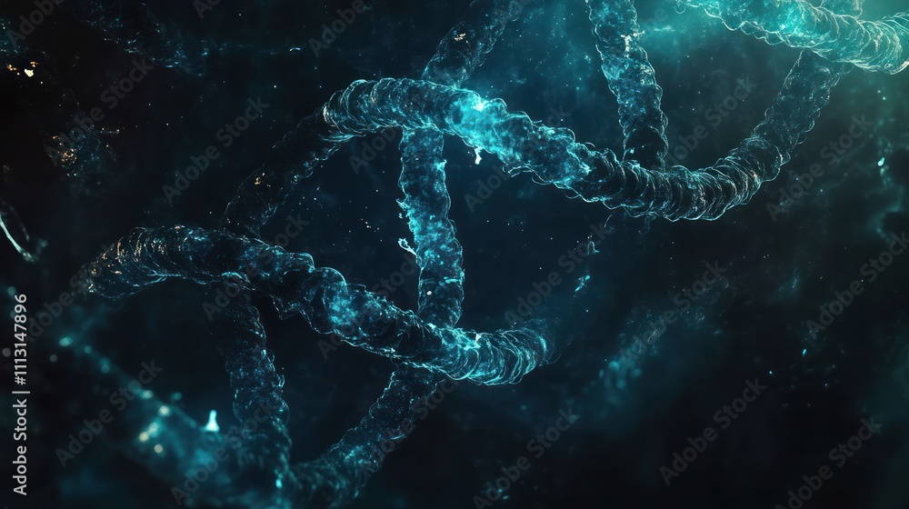 Abstract representation of DNA double helix, glowing turquoise strands against a dark background.