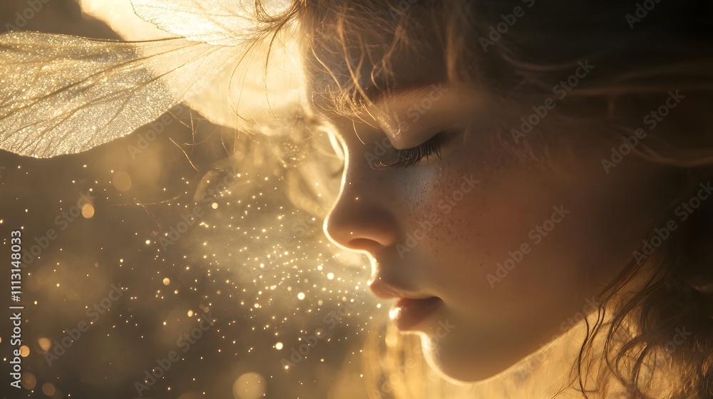 Fototapeta premium A close-up of a fairy blowing glowing dust into the wind, her delicate features illuminated by its soft light.