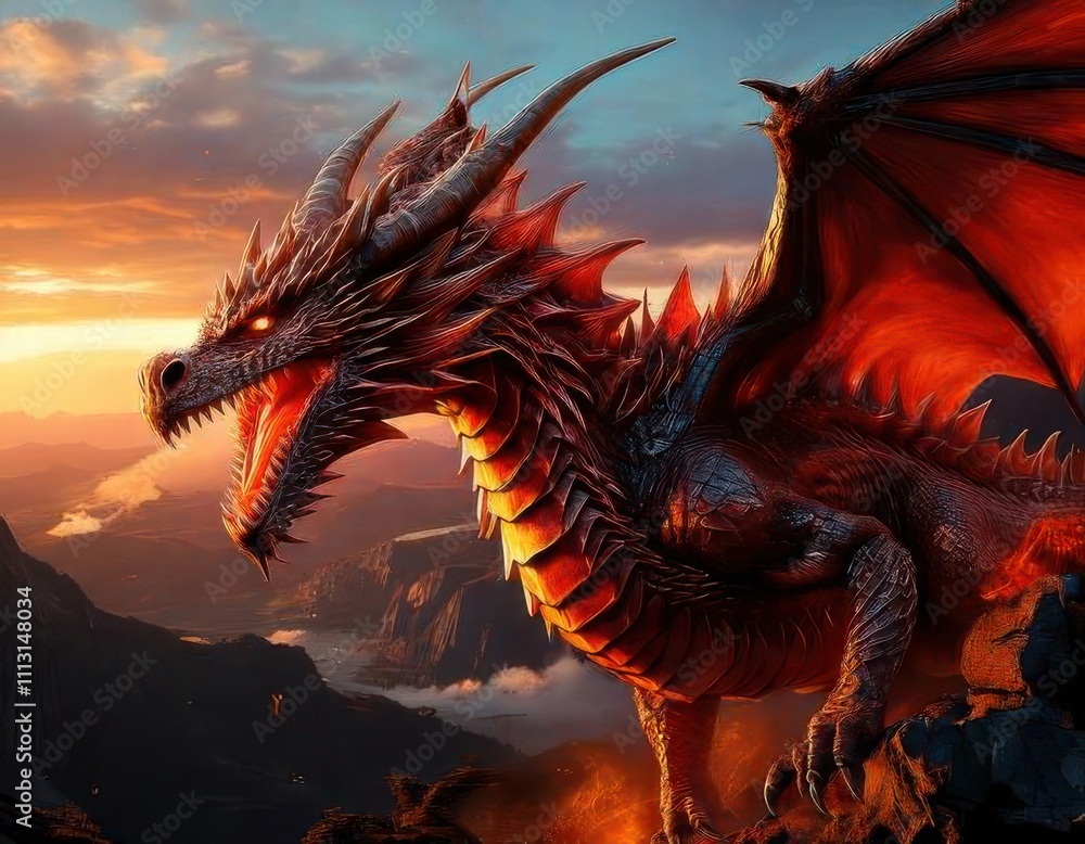 Against a dramatic sunset sky, a majestic dragon with fiery scales and glowing eyes breathes fire while perched upon rugged rocks. Against a dramatic sunset sky, a majestic dragon with fiery scales and glowing eyes breathes fire while perched upon rugged rocks.