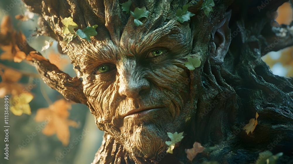 Obraz premium A realistic view of a woodland spirit peering curiously through a canopy of leaves, its form blending with the shadows.