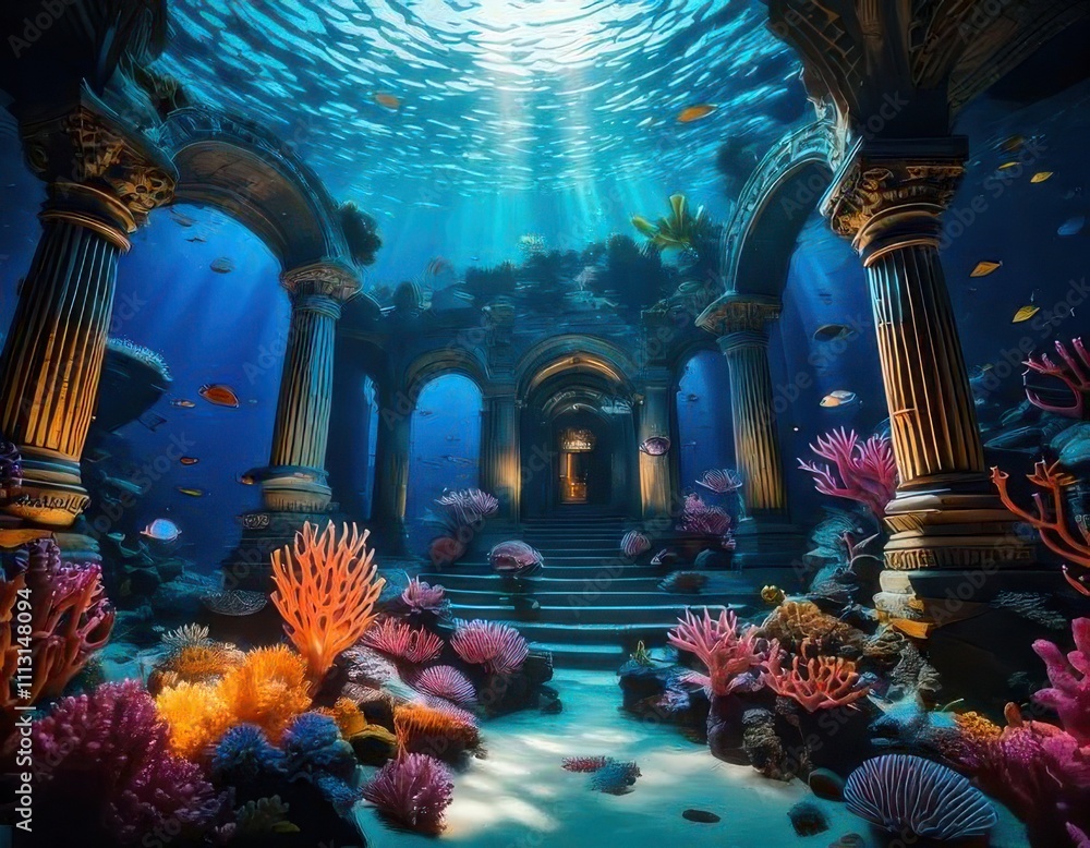 Obraz premium An underwater world reveals ancient temple ruins, bathed in sunlight streaming from above and embraced by a kaleidoscope of coral reefs.