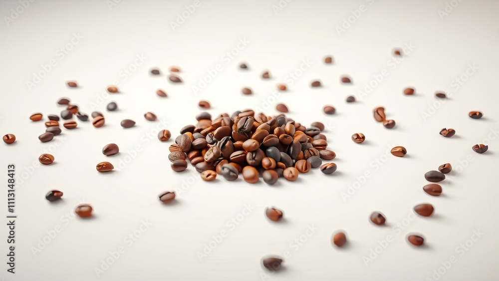 A cluster of coffee beans arranged in a random pattern on a white background, random, packaging design, arrangement, coffee packaging, cluster A cluster of coffee beans arranged in a random pattern on a white background, random, packaging design, arrangement, coffee packaging, cluster