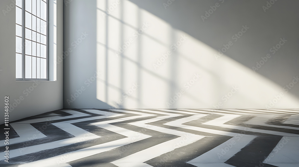 Obraz premium Empty Room with Zigzag Pattern Floor and Sunlight