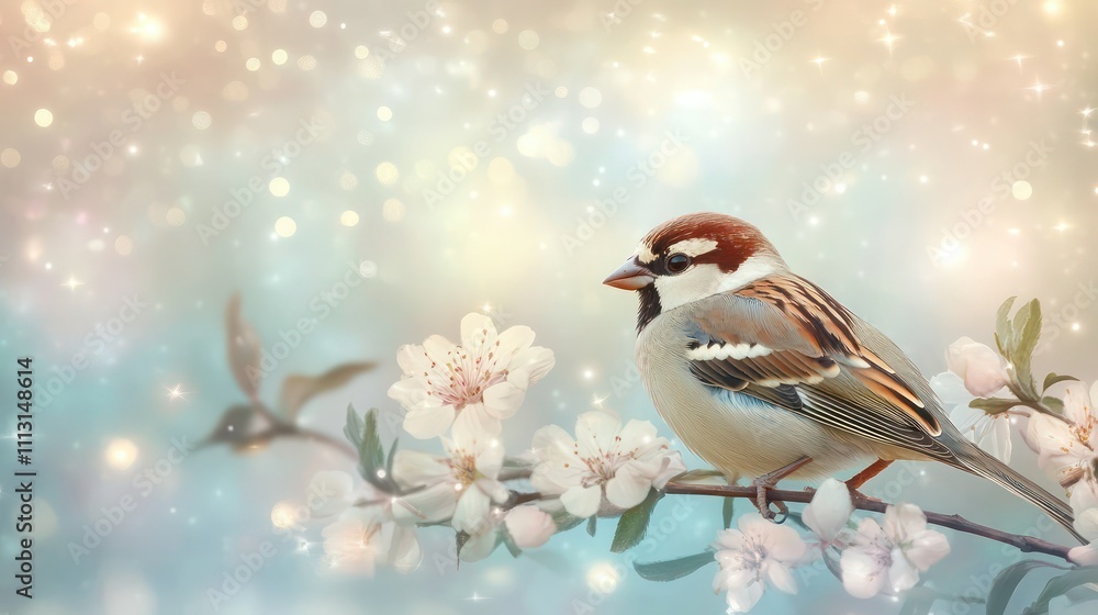A delicate sparrow resting on a flower branch, surrounded by gentle twinkling lights in a soft, pastel background. A delicate sparrow resting on a flower branch, surrounded by gentle twinkling lights in a soft, pastel background.
