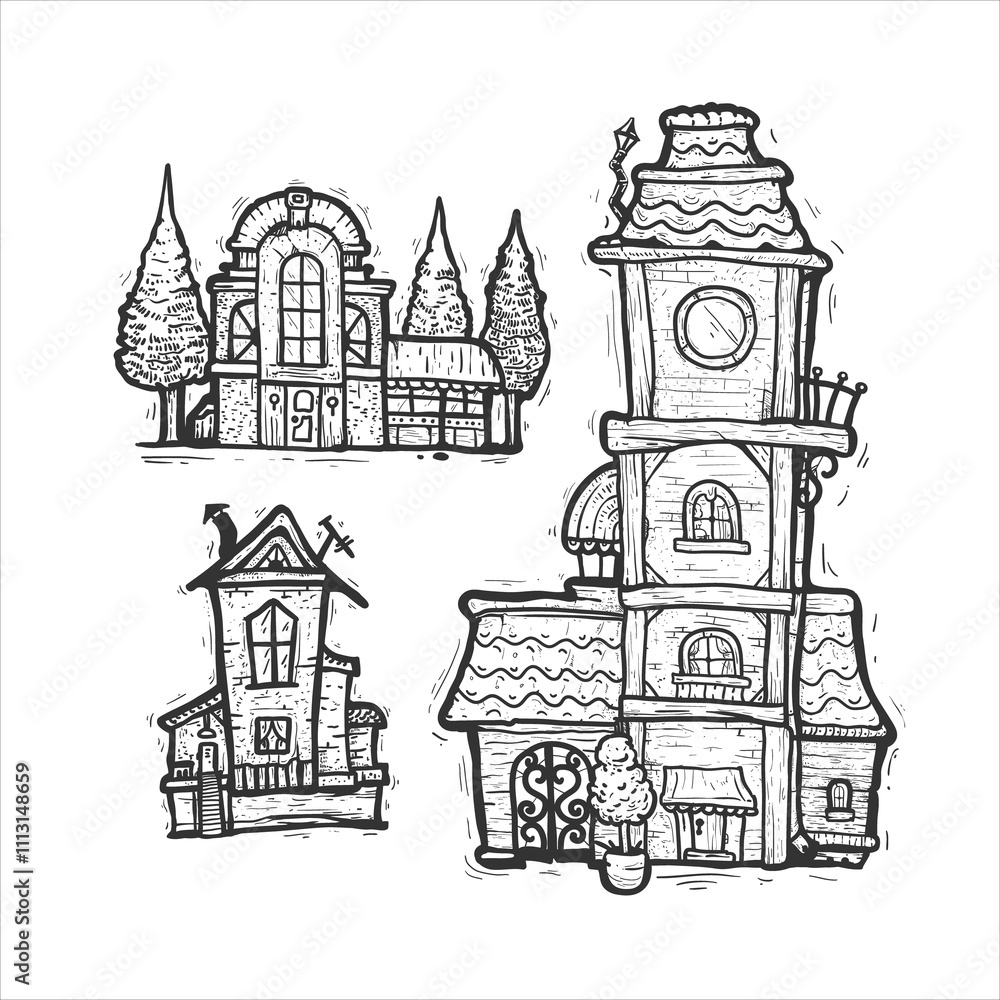 Fototapeta premium Houses set. Hand drawn vector illustration. Sketch style drawing