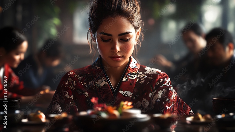 Serene woman in kimono at a Japanese restaurant. Serene woman in kimono at a Japanese restaurant.