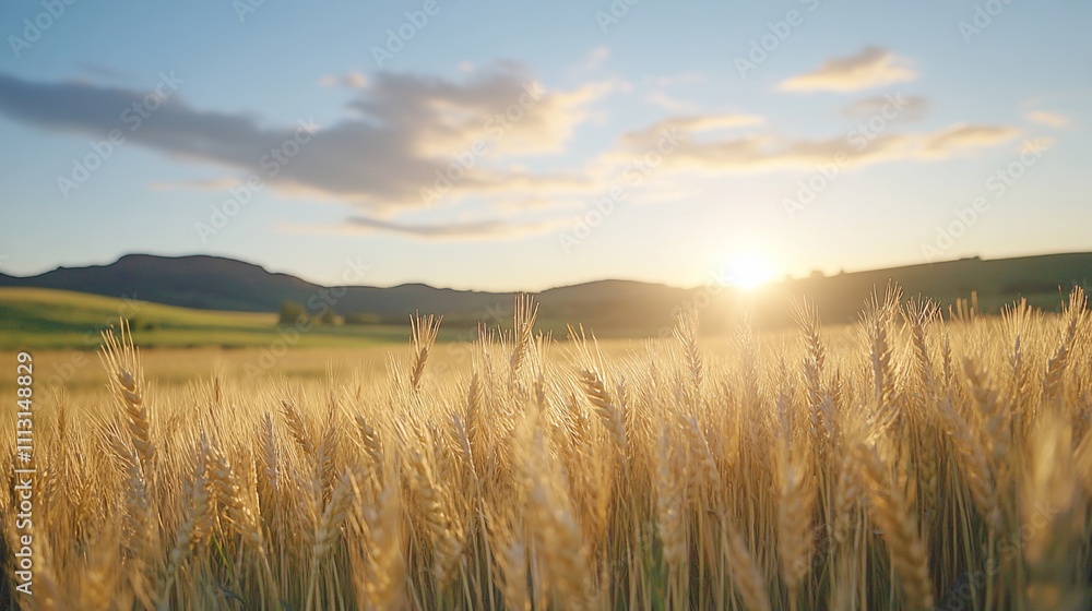Golden wheat field at sunrise with rolling hills in the background. Golden wheat field at sunrise with rolling hills in the background.