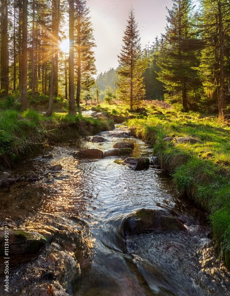 Obraz premium Idyllic forest river at sunset: babbling brook in the middle of a dense coniferous forest, illuminated by warm rays of sunlight breaking through the canopy of leaves