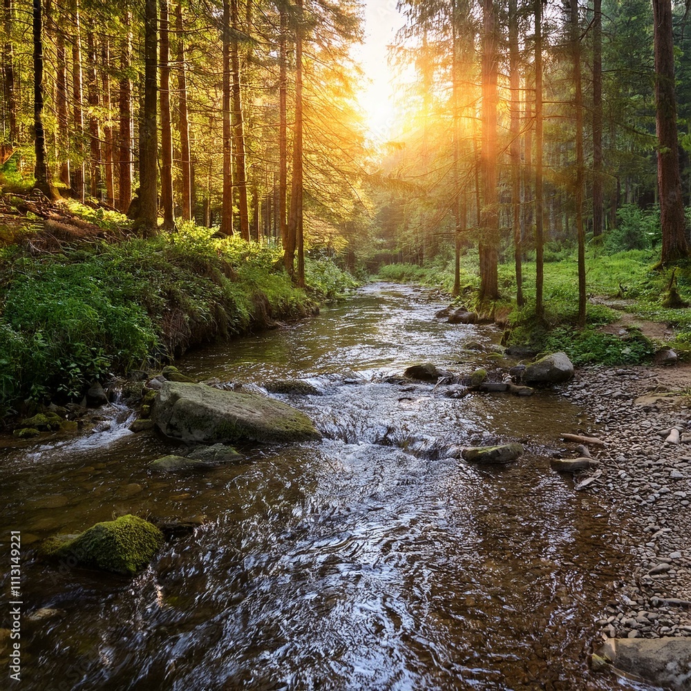 Idyllic forest river at sunset: babbling brook in the middle of a dense coniferous forest, illuminated by warm rays of sunlight breaking through the canopy of leaves Idyllic forest river at sunset: babbling brook in the middle of a dense coniferous forest, illuminated by warm rays of sunlight breaking through the canopy of leaves