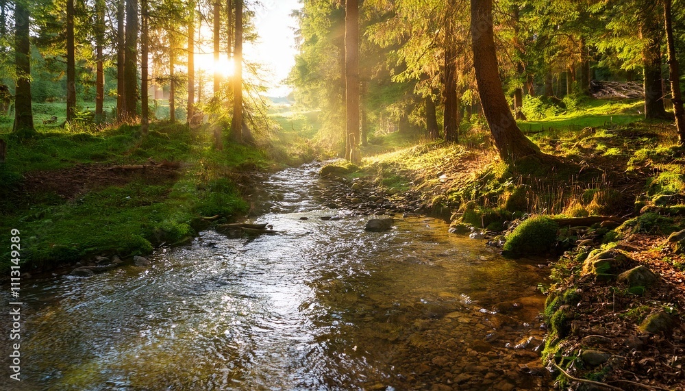 Idyllic forest river at sunset: babbling brook in the middle of a dense coniferous forest, illuminated by warm rays of sunlight breaking through the canopy of leaves Idyllic forest river at sunset: babbling brook in the middle of a dense coniferous forest, illuminated by warm rays of sunlight breaking through the canopy of leaves