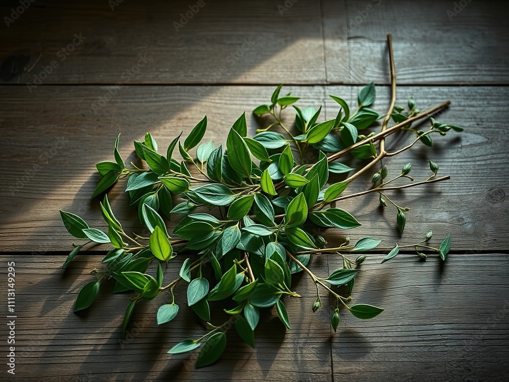 Obraz premium Aromatic plant leaves and stems arranged on a wooden table, rustic decor, aromatic plants