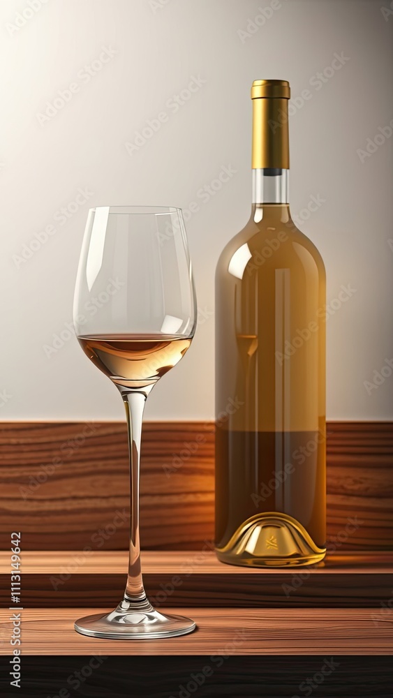A single wine glass placed on a wooden shelf with a bottle standing upright next to it, modern minimalist design, wine glass, refined A single wine glass placed on a wooden shelf with a bottle standing upright next to it, modern minimalist design, wine glass, refined