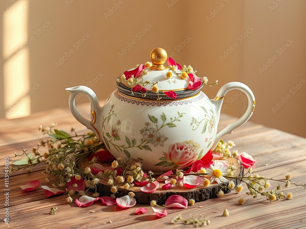 A small ceramic teapot filled with a fragrant blend of herbs like rose petals, chamomile, and lemon verbena , herbs, kitchenware, flowers A small ceramic teapot filled with a fragrant blend of herbs like rose petals, chamomile, and lemon verbena , herbs, kitchenware, flowers