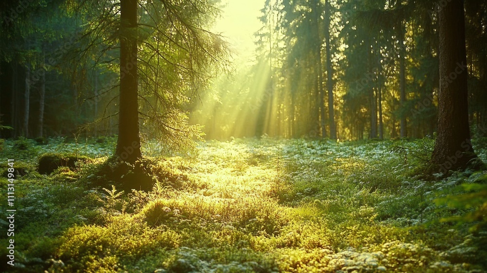 Fototapeta premium 9.A forest bathed in soft, golden sunlight, with beams of light breaking through the dense canopy. The ground is covered in a variety of plants, trunks, and twigs, creating a natural mosaic of