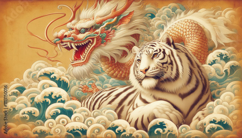 日本画、浮世絵／龍（ドラゴン）虎（タイガー）　龍虎	