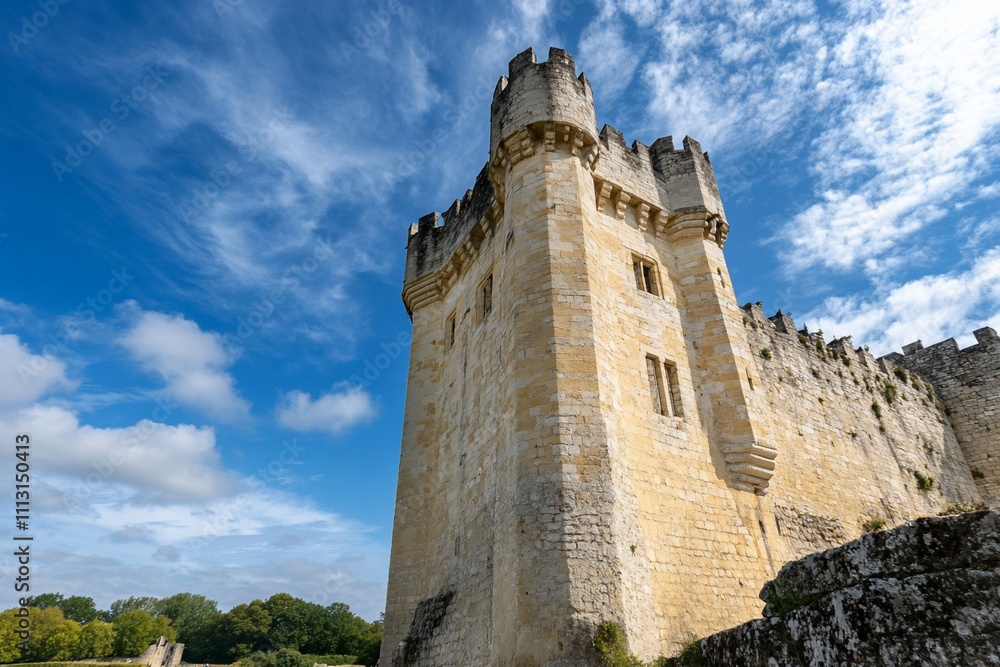 Obraz premium Historic stone castle under a blue sky with scattered clouds.
