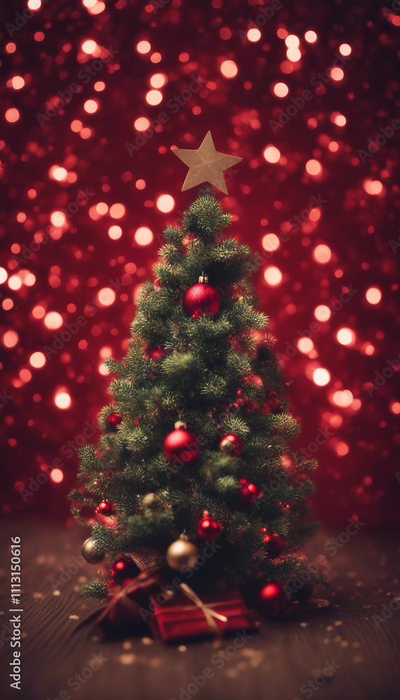 Christmas Tree With Star on Top and Red Glitter Background vertical Christmas Tree With Star on Top and Red Glitter Background vertical