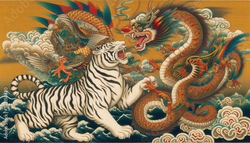 Wallpaper Mural 日本画、浮世絵／龍（ドラゴン）虎（タイガー）　龍虎	 Torontodigital.ca