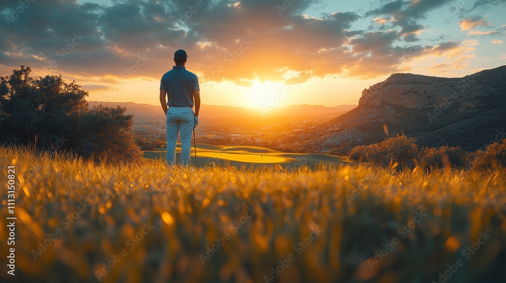 Fototapeta premium Golf Player Admiring a Scenic Sunset in a Picturesque Landscape