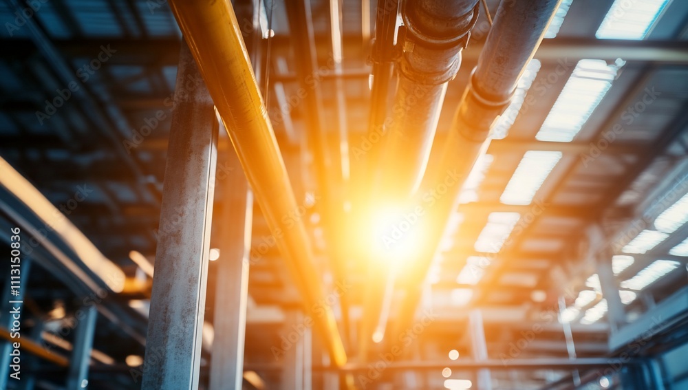 Industrial pipes illuminated by sunlight in a factory setting. Industrial pipes illuminated by sunlight in a factory setting.