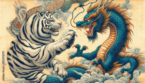 日本画、浮世絵／龍（ドラゴン）虎（タイガー）　龍虎	
