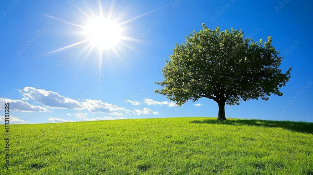 3.A vivid expanse of green grass meadows under a radiant yellow sun, with a majestic tree providing a focal point against a deep blue sky. The rolling fields seem endless, invoking a sense of 3.A vivid expanse of green grass meadows under a radiant yellow sun, with a majestic tree providing a focal point against a deep blue sky. The rolling fields seem endless, invoking a sense of