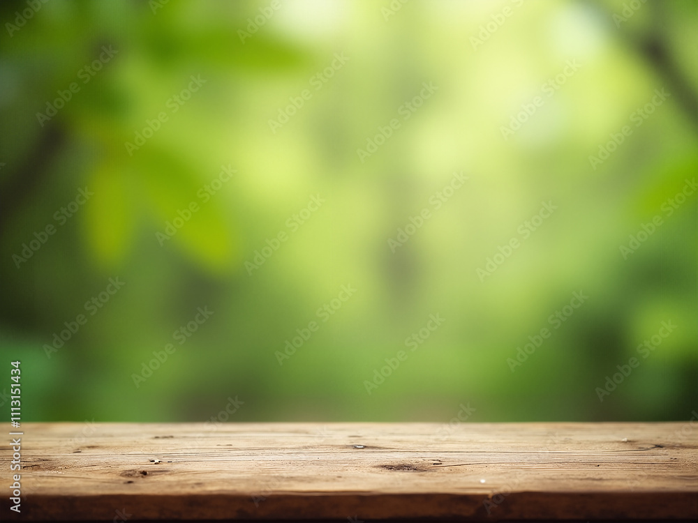 Empty wood table top on blur abstract green from garden and home area background Empty wood table top on blur abstract green from garden and home area background