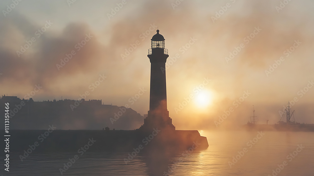Lighthouse silhouette at sunrise, shrouded in morning mist over calm water. Lighthouse silhouette at sunrise, shrouded in morning mist over calm water.