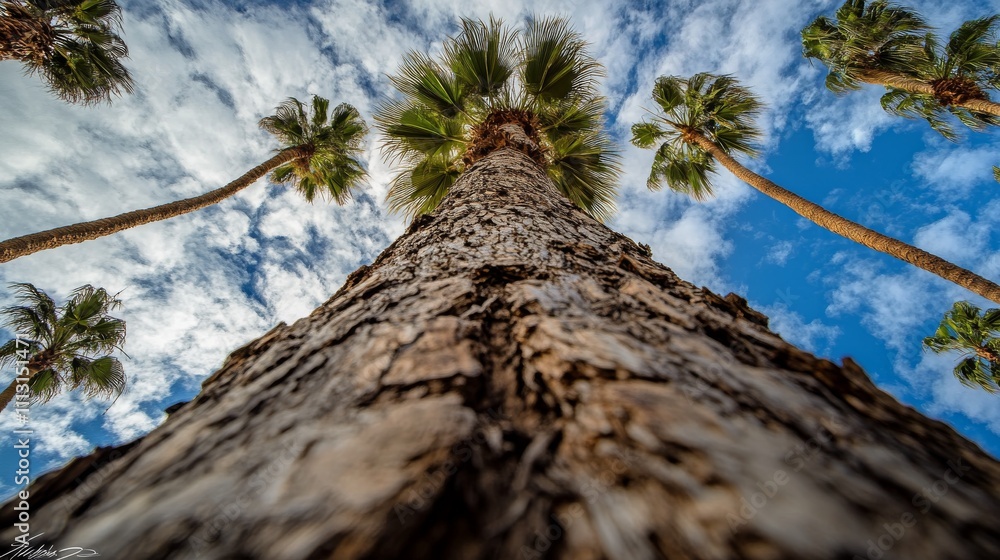 11.Looking up from the base of a tall palm tree, the rugged texture of the trunk leads the eye upwards toward the vibrant green palm fronds that spread out against the backdrop of a bright blue sky. 11.Looking up from the base of a tall palm tree, the rugged texture of the trunk leads the eye upwards toward the vibrant green palm fronds that spread out against the backdrop of a bright blue sky.