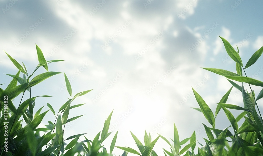 Lush green bamboo shoots reaching towards a bright sky. Lush green bamboo shoots reaching towards a bright sky.