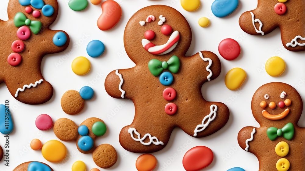A beautifully detailed gingerbread man isolated on a white background, decorated with colorful icing and candy buttons. The texture of the gingerbread is warm and realistic, showcasing its crisp edges A beautifully detailed gingerbread man isolated on a white background, decorated with colorful icing and candy buttons. The texture of the gingerbread is warm and realistic, showcasing its crisp edges