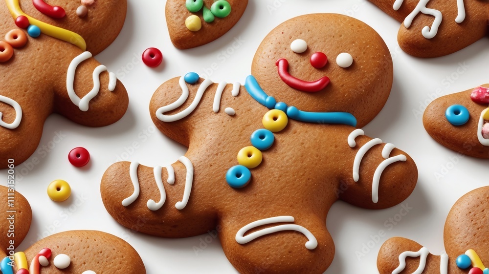 A beautifully detailed gingerbread man isolated on a white background, decorated with colorful icing and candy buttons. The texture of the gingerbread is warm and realistic, showcasing its crisp edges A beautifully detailed gingerbread man isolated on a white background, decorated with colorful icing and candy buttons. The texture of the gingerbread is warm and realistic, showcasing its crisp edges
