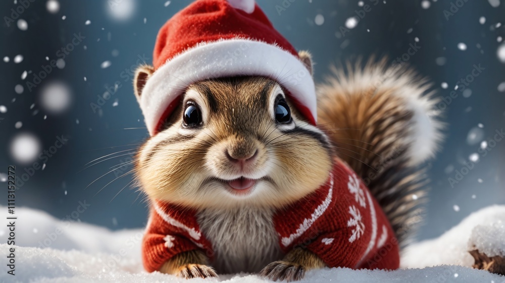 A cute chipmunk dressed in a Santa Claus hat and cozy Christmas sweater, standing in the snow. The little animal is playfully posed, with snowflakes gently falling around, capturing a joyful mood A cute chipmunk dressed in a Santa Claus hat and cozy Christmas sweater, standing in the snow. The little animal is playfully posed, with snowflakes gently falling around, capturing a joyful mood