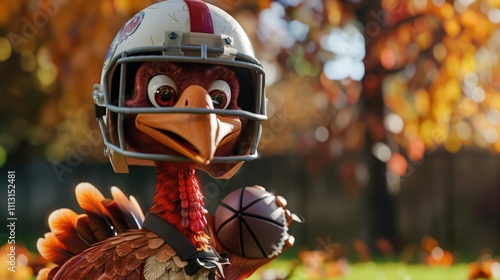 Turkey cartoon concept dressed as a football player, wearing a helmet and holding a football.
