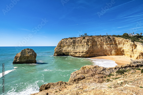 Portuguese coast in Benagil, Algarve, Portugal. Praia do Carvalho. Seven Hangging Valleys Trail.