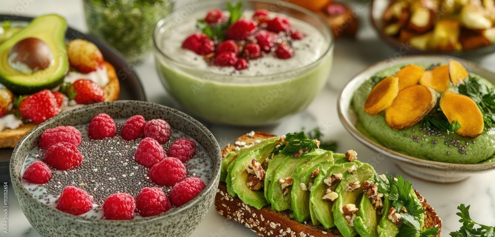 A vibrant mix of smoothie bowls, avocado toast, and chia pudding, highlighting a colorful and health-focused spread. A vibrant mix of smoothie bowls, avocado toast, and chia pudding, highlighting a colorful and health-focused spread.