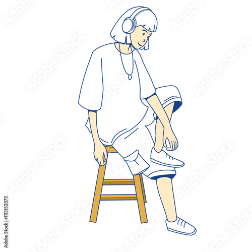 cartoon illustration of a woman using headset with stylish clothes sitting on a wooden bench