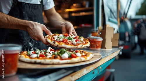 Chefa??s hands serving a mini pizza from a food truck on the street. Creative banner with copy space.