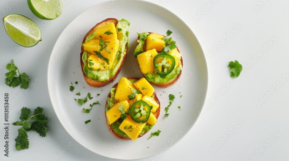 This vibrant dish features slices of toasted bread layered with creamy avocado, fresh mango chunks, and garnished with cilantro and jalapeno. Lime wedges add a zesty touch. This vibrant dish features slices of toasted bread layered with creamy avocado, fresh mango chunks, and garnished with cilantro and jalapeno. Lime wedges add a zesty touch.
