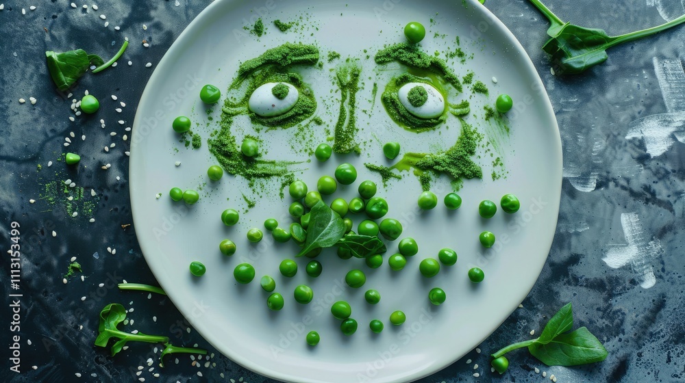 Obraz premium Starvation is on the plate, food shortages, starvation due to war and inflation. face green beans