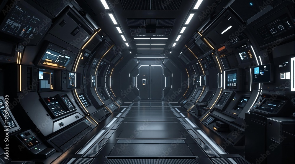 Futuristic spaceship corridor with advanced technology screens and modern lighting Futuristic spaceship corridor with advanced technology screens and modern lighting