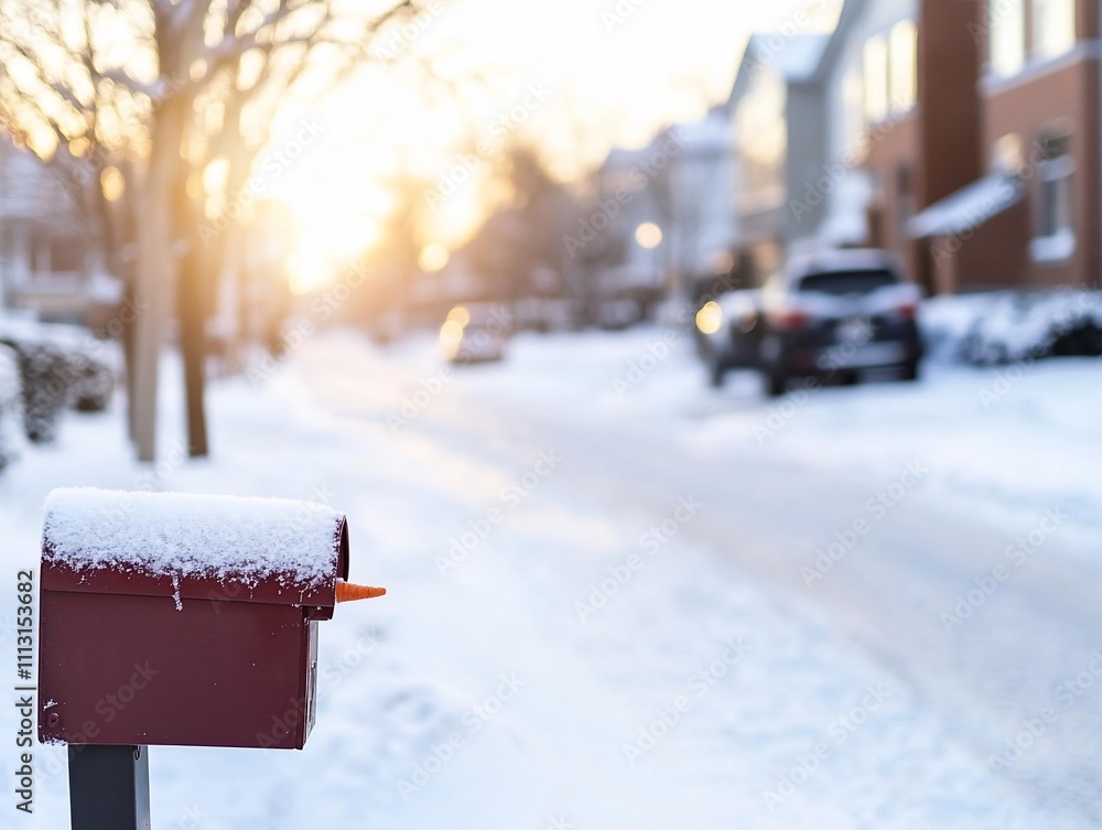 Naklejka premium Snowy suburban street scene with mailbox at sunset.