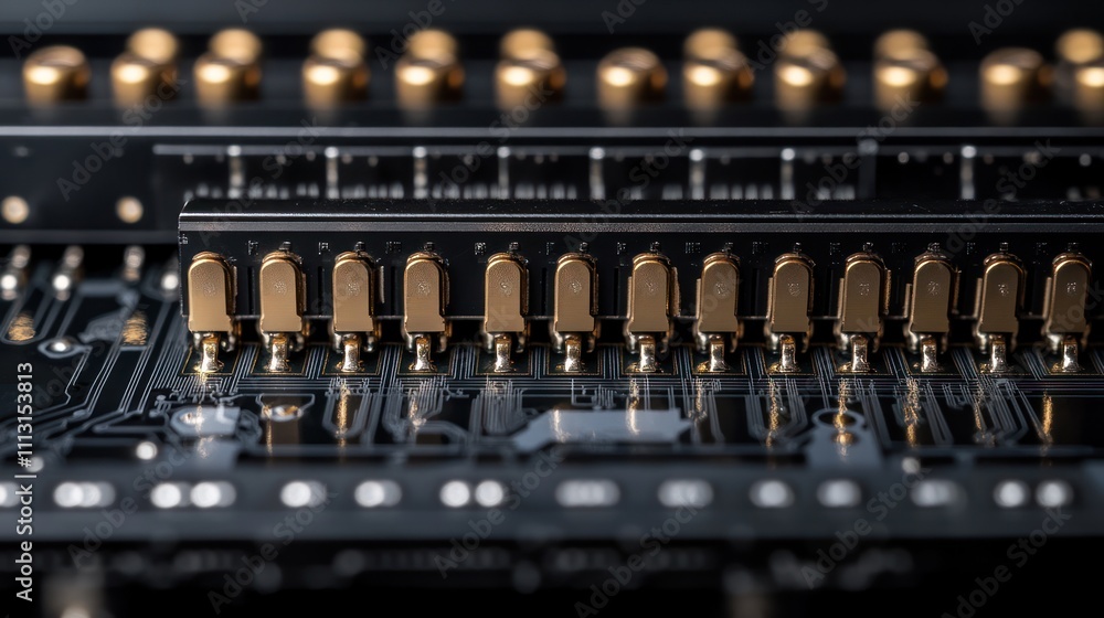 Close-up of circuit board with gold connectors. Close-up of circuit board with gold connectors.