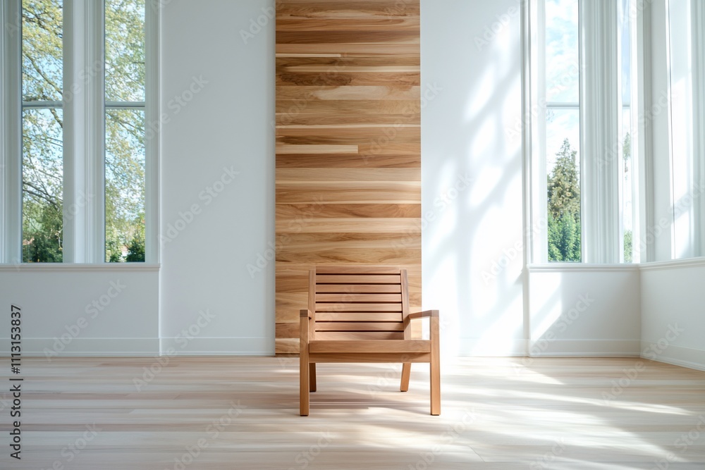 Minimalist interior featuring a wooden chair and large windows. Minimalist interior featuring a wooden chair and large windows.