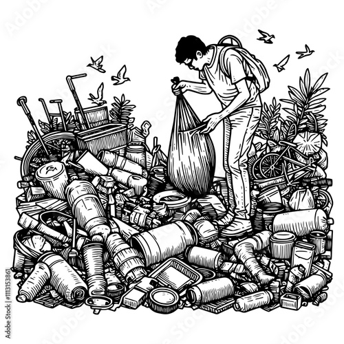 Homeless man searching for empty bottles in trash can. Living in streets concept, generative ai.