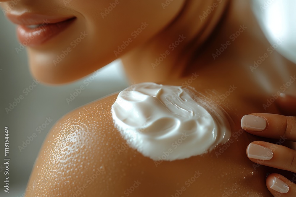 Fototapeta premium Close-up of hand applying body cream to glowing shoulder, highlighting soft skin texture and sheen