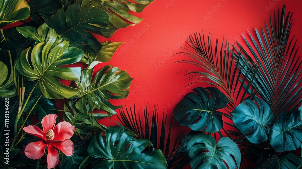 Lush tropical leaves with a red background and vibrant flower Lush tropical leaves with a red background and vibrant flower